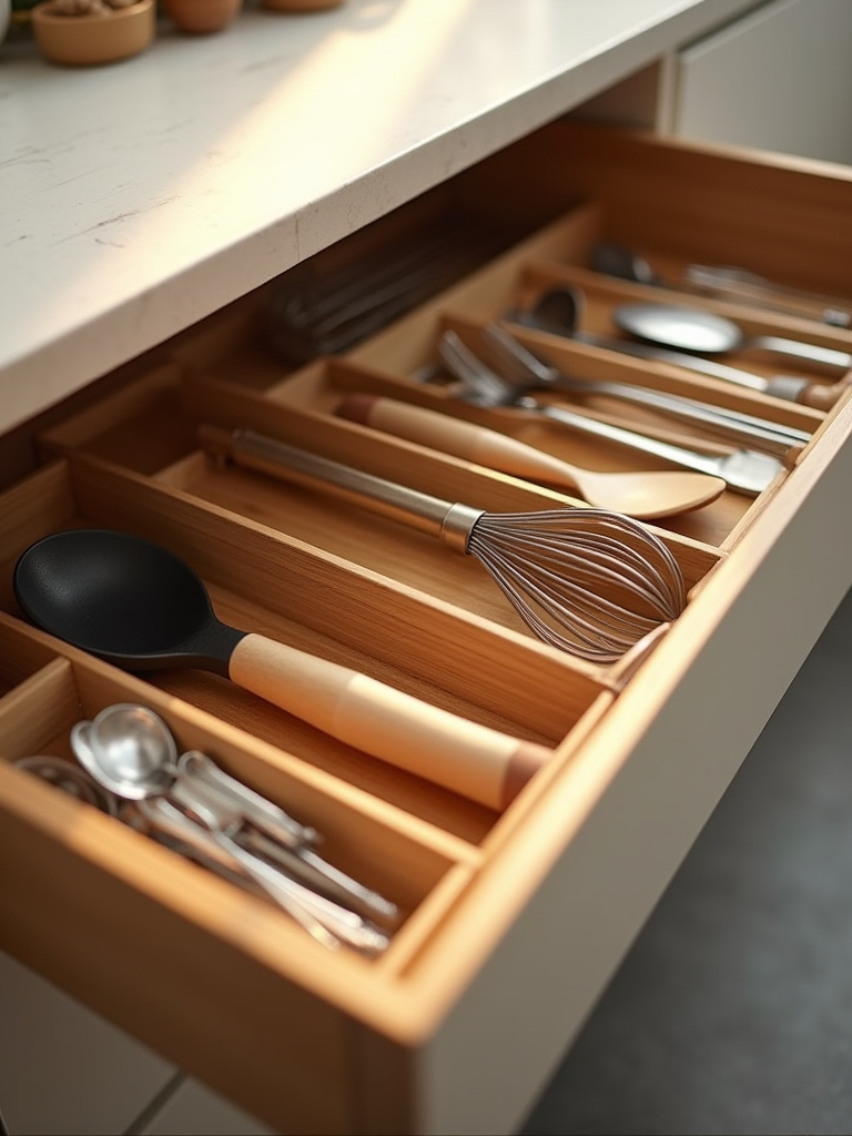 Overhead view of an open kitchen drawer meticulously organized with sleek bamboo modular drawer dividers, neatly categorizing various cooking utensils like spatulas, whisks, and ladles for efficient storage and easy access.