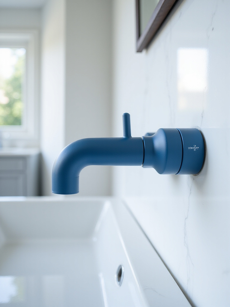 Matte cobalt blue wall-mounted bathroom faucet against white marble, showcasing unique blue plumbing fixtures.