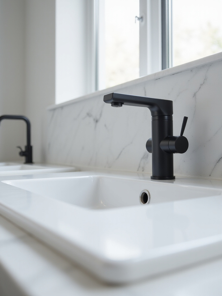 A close-up of a modern matte black, water-efficient faucet on a white rectangular bathroom sink, demonstrating stylish and sustainable plumbing fixture choice.