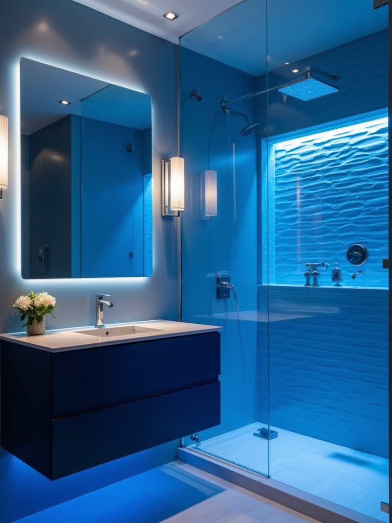 Serene blue bathroom with sophisticated LED task and ambient lighting, highlighting vibrant navy blue vanity and ocean-blue shower tiles.