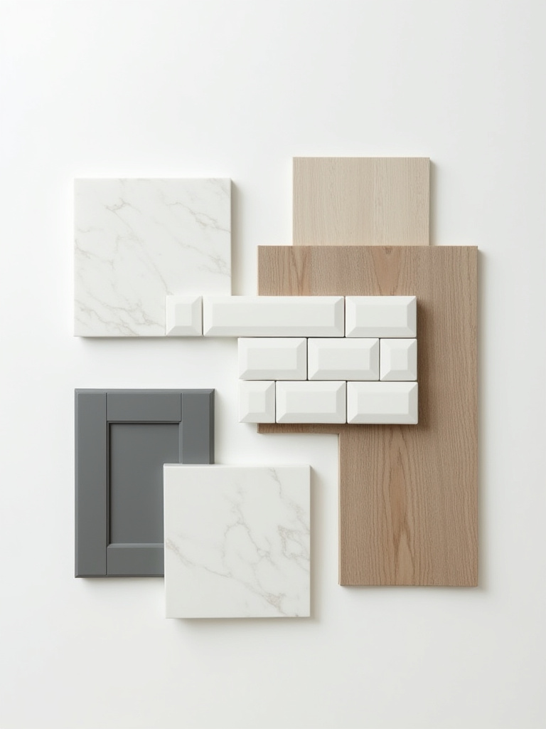 Assortment of durable and value-driven kitchen material samples, including laminate, porcelain tile, painted cabinet, and luxury vinyl plank.