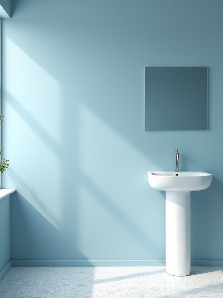 A serene bathroom with muted sky blue walls, a white pedestal sink, brushed chrome fixtures, and natural light, showcasing calming blue bathroom decor.