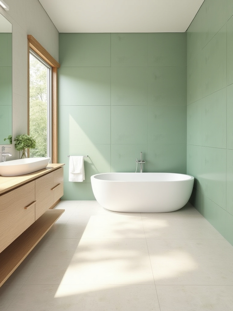 Elegant modern bathroom featuring a harmonious color palette of soft sage green walls, light cream tiles, and a freestanding tub, under natural light, evoking tranquility.