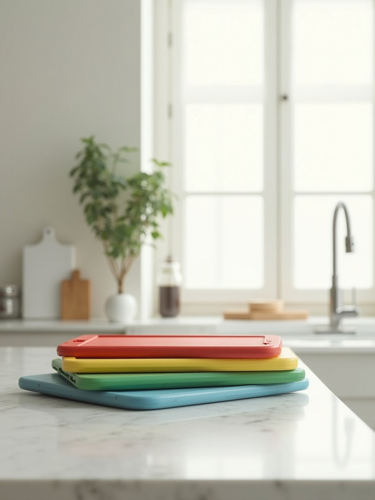 A bright, clean kitchen counter with a neatly arranged set of vibrant, color-coded cutting boards (red, green, yellow, blue) indicating safe zones for food preparation and preventing cross-contamination.