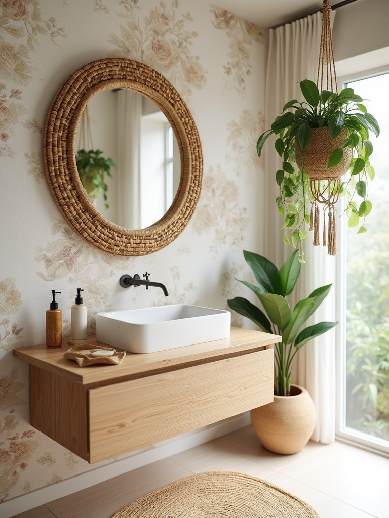 Bohemian bathroom with accent wall bohemian wallpaper, circular rattan mirror over a light wood vanity, bamboo accessories, and a macramé plant hanger.