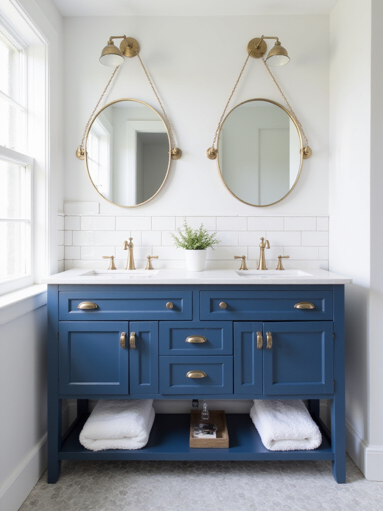 A serene blue and white bathroom with navy vanity, white subway tiles, and brass accents, evoking a classic coastal and modern feel.