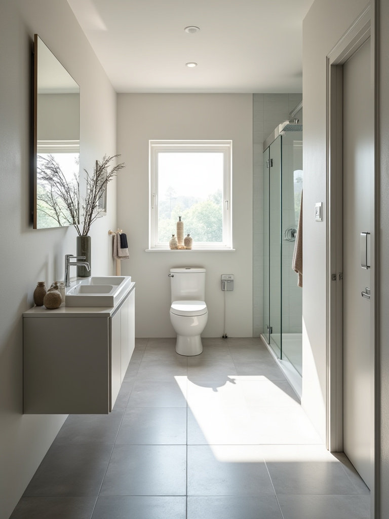 A modern bathroom interior showcasing a strategic layout with a wall-mounted vanity, discreet toilet behind a half-wall, and spacious glass walk-in shower, designed for optimal flow and functionality.