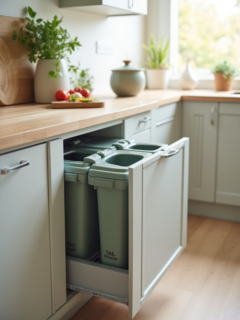 Integrated kitchen composting and recycling station within sleek cabinetry, showing a countertop compost caddy and pull-out recycling bins, designed for eco-efficiency.