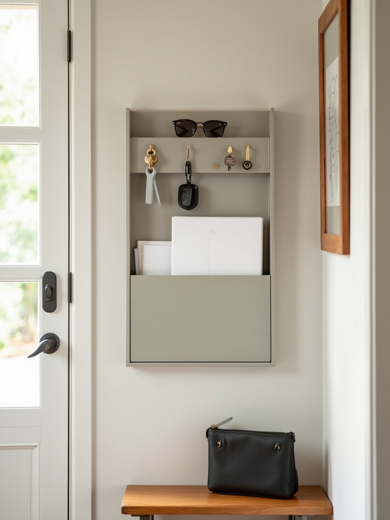 A well-organized entryway 'drop zone' featuring a wall-mounted unit with key hooks, a mail sorter, and a small shelf, designed to keep mail and keys outside the main kitchen area, showcasing an uncluttered aesthetic.