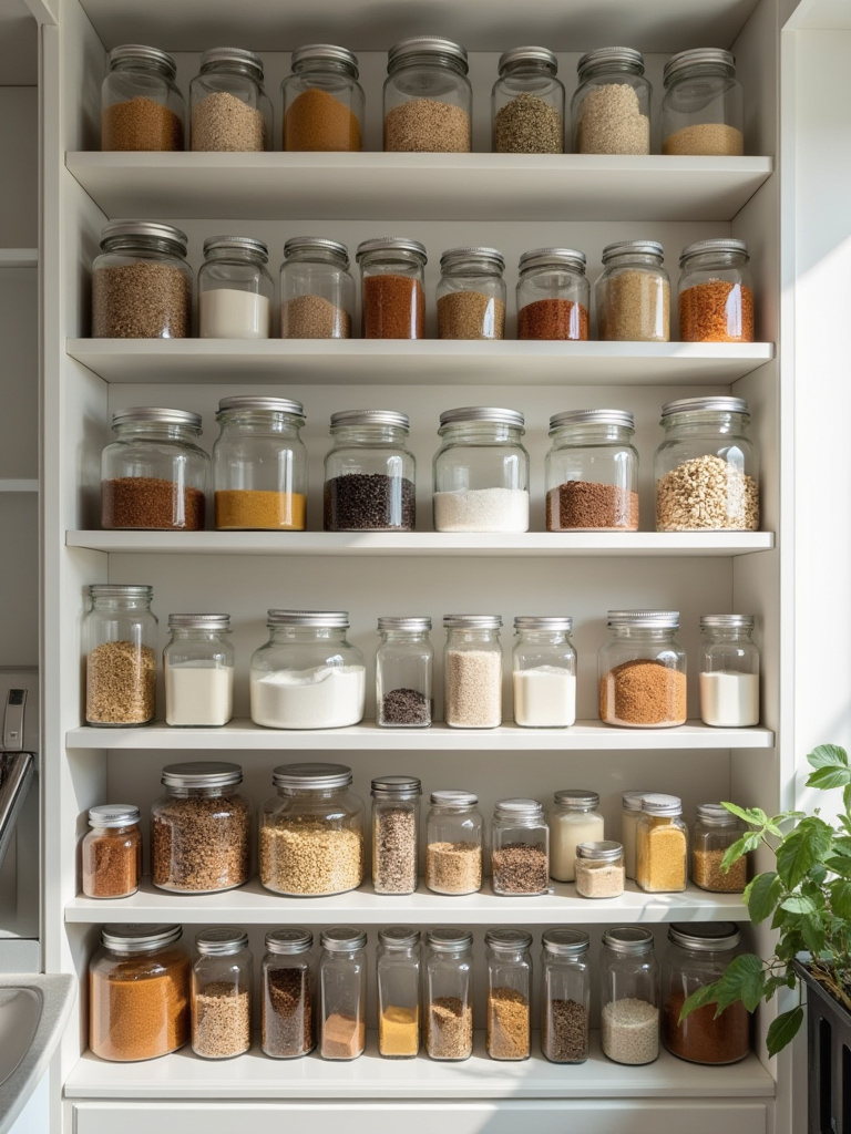 Neatly organized kitchen pantry with labeled clear containers of dry goods and spices, reflecting a comprehensive kitchen inventory system.