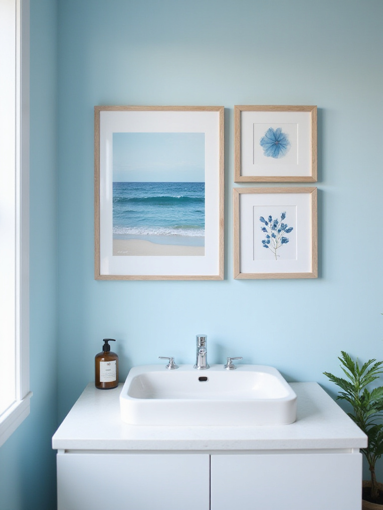 A curated gallery wall in a blue bathroom featuring serene blue artwork, including a seascape, geometric pattern, and pressed botanicals, enhancing visual interest and a tranquil atmosphere.