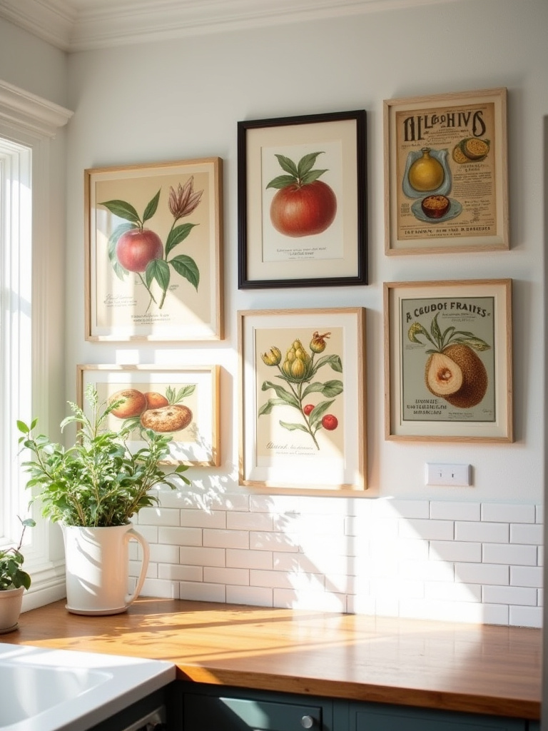 Close-up of a kitchen gallery wall featuring various framed food-themed art and vintage prints, including colorful fruit illustrations and antique beverage ads, against a light-colored kitchen wall.