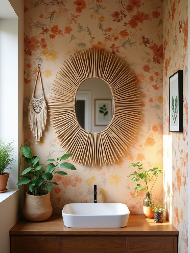 Harmonious bohemian bathroom decor featuring a sunburst rattan mirror, macrame art, botanical print, and vibrant wallpaper