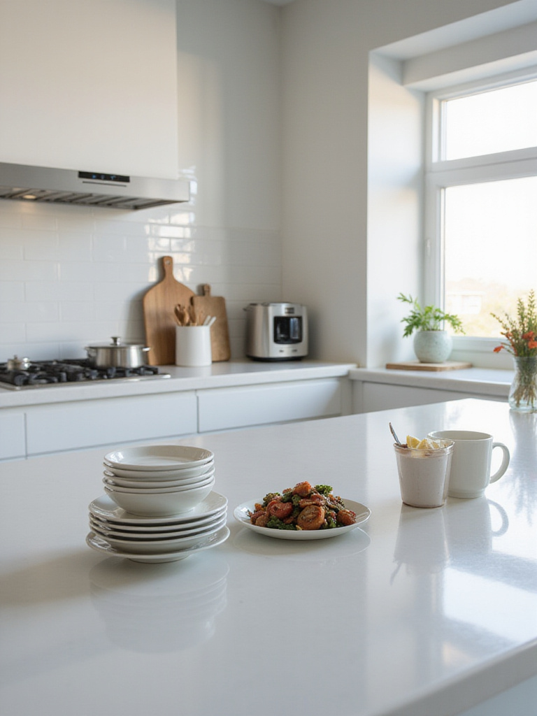 A neat kitchen counter showcasing three distinct piles of items for kitchen decluttering: 'Keep' for essential items, 'Toss' for waste, and 'Donate' for unused goods, demonstrating the 'Keep, Toss, Donate' method.