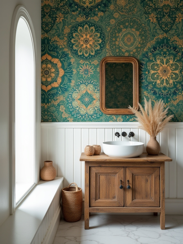 A beautifully designed bohemian bathroom featuring intricate, eclectic patterned wallpaper, wooden vanity, and subtle decor under soft natural light, showcasing a defined bathroom wallpaper bohemian style niche.