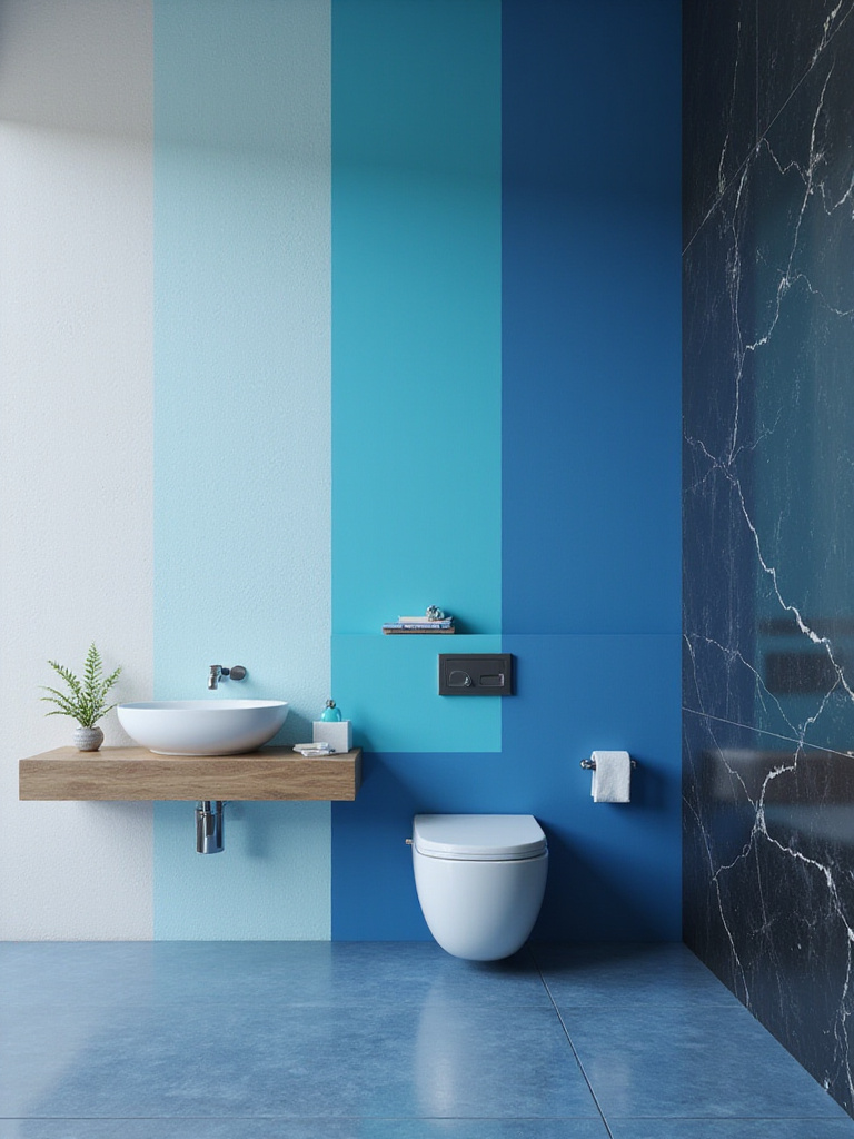 A bathroom scene illustrating three distinct blue moods for decor: serene light blue, energetic vibrant teal, and sophisticated deep sapphire blue.