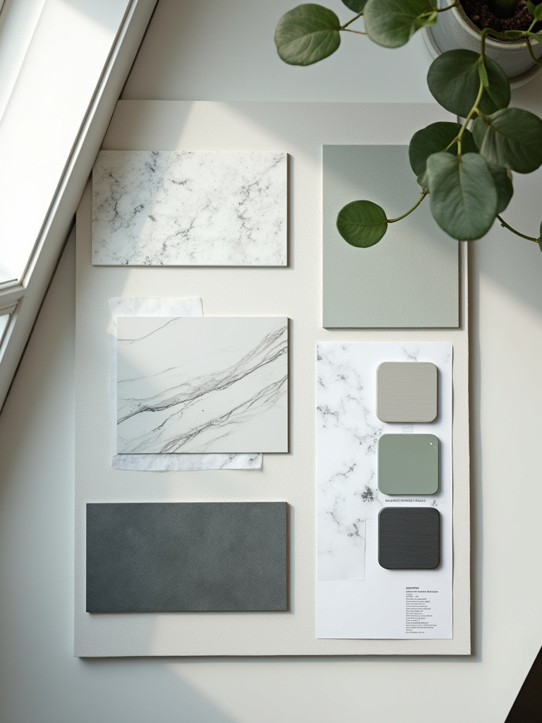 A meticulously arranged bathroom mood board displaying modern design elements like tile swatches, paint chips, and fixture samples, viewed from above under natural light.