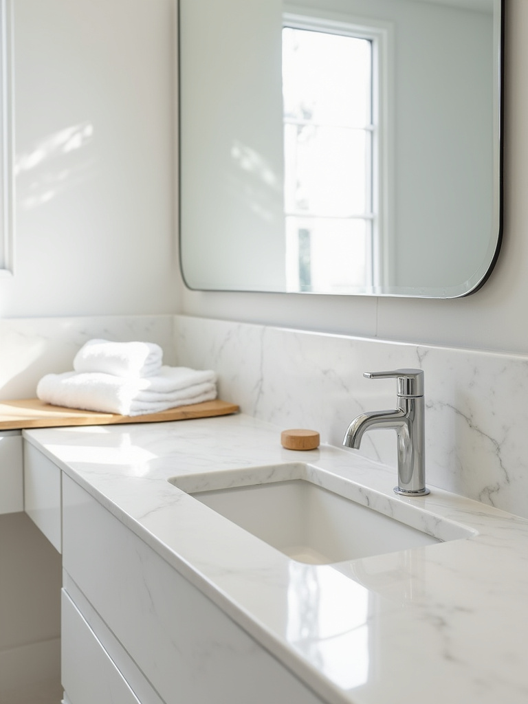 A perfectly clean and organized modern bathroom with shining fixtures, reflecting the benefits of a diligent maintenance schedule.