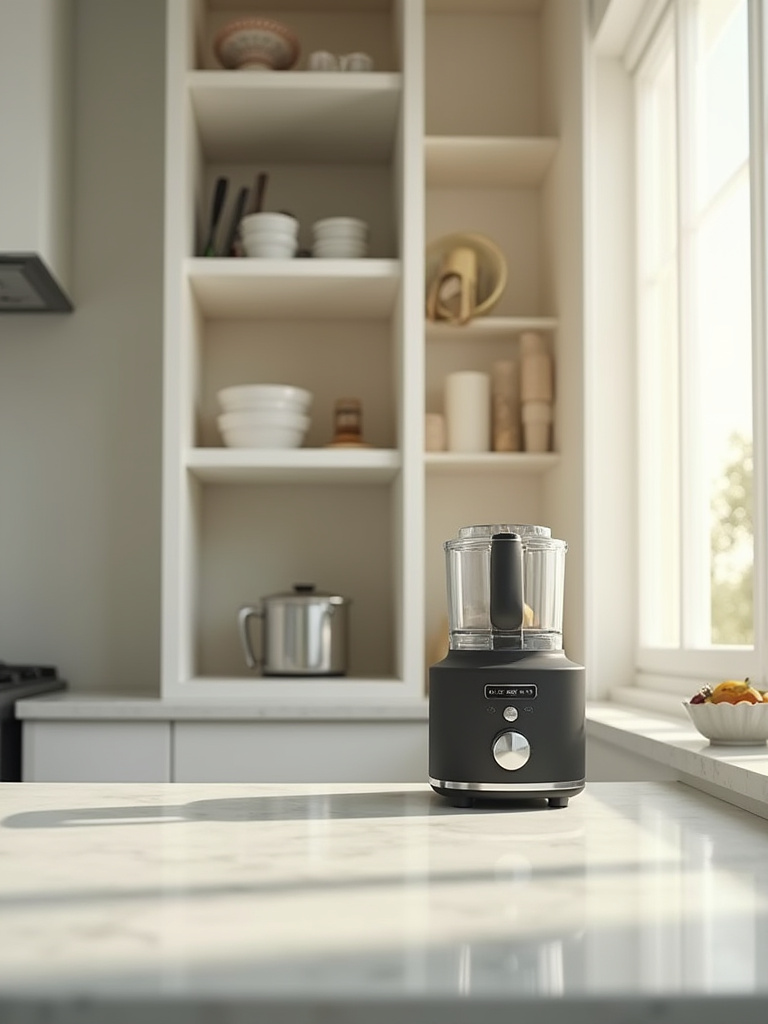 An organized kitchen cabinet with an empty space inside and a shiny new kitchen gadget on the counter, symbolizing a "one in, one out" decluttering policy.