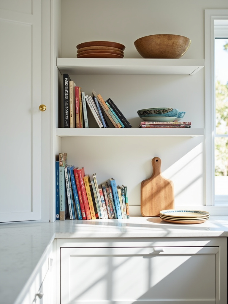 Open kitchen shelves beautifully organized with a display of colorful cookbooks, ceramic serving bowls, and a rustic wooden cutting board, emphasizing functional kitchen decor.