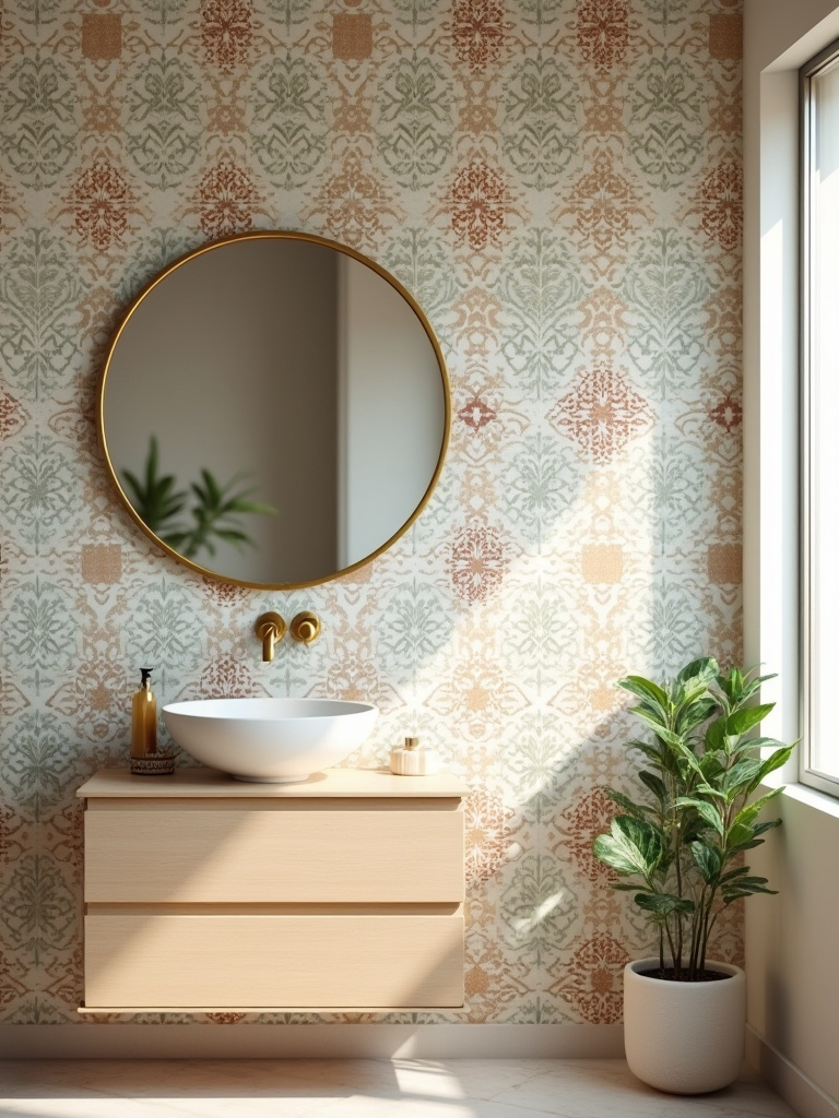 Bohemian bathroom wallpaper featuring global-inspired prints, Moroccan tile patterns, and Mandala motifs in a tranquil bathroom setting. Soft lighting highlights the intricate design on the wall.