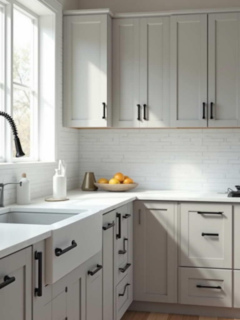 A stylish modern kitchen featuring ready-to-assemble (RTA) cabinets with a smooth, elevated satin-finish paint, complemented by high-quality matte black hardware and a sleek quartz countertop, showcasing a budget-friendly custom look.