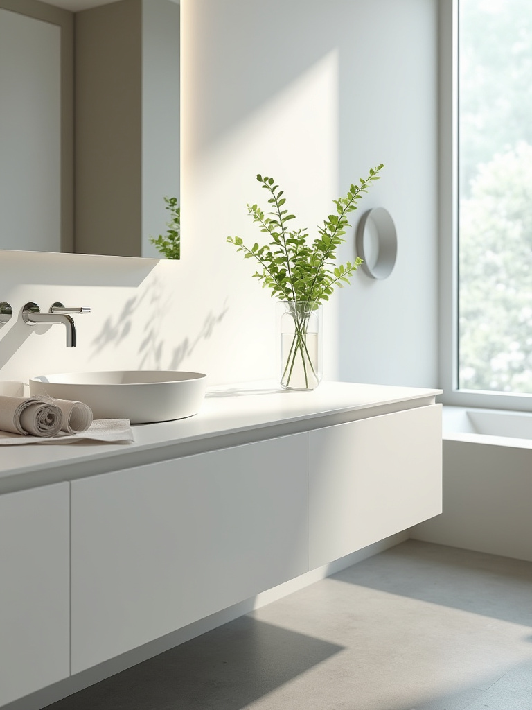 A modern bathroom with minimalist design, clean lines, and a green succulent plant, suggesting careful planning and a well-managed bathroom renovation budget.