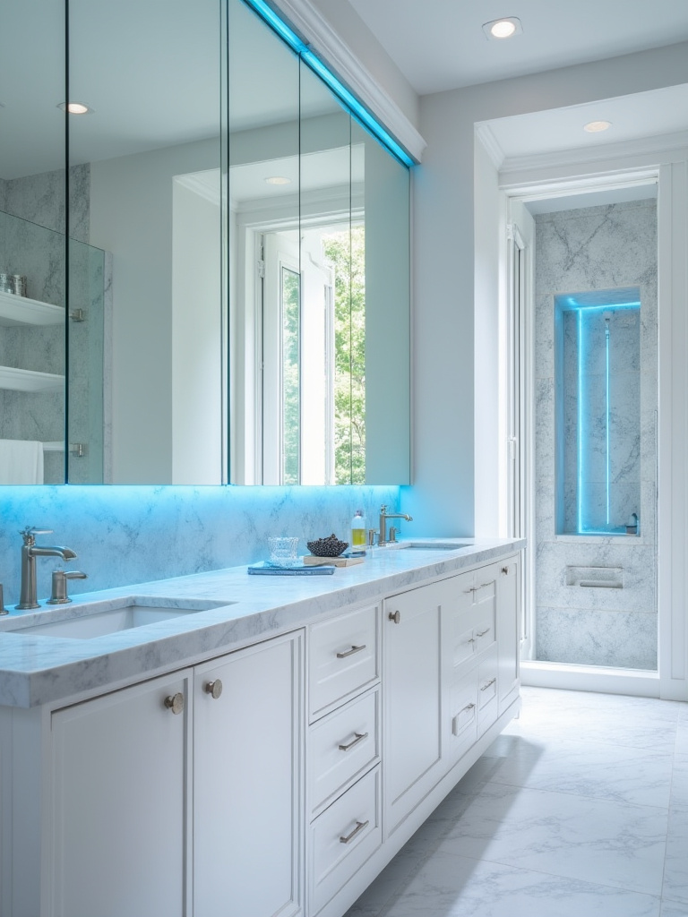 Luxurious blue bathroom featuring a rectangular mirror with perimeter blue LED backlighting and deep blue niche lighting in the shower, casting a serene ambient glow on marble surfaces and crisp white walls, evoking a tranquil and sophisticated spa-like atmosphere.