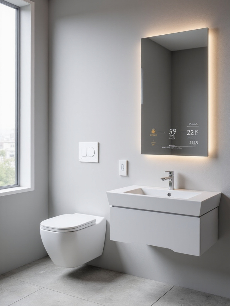 A modern smart bathroom with a wall-mounted smart toilet, touchless faucet, and a large smart mirror displaying ambient settings, illustrating advanced home technology.