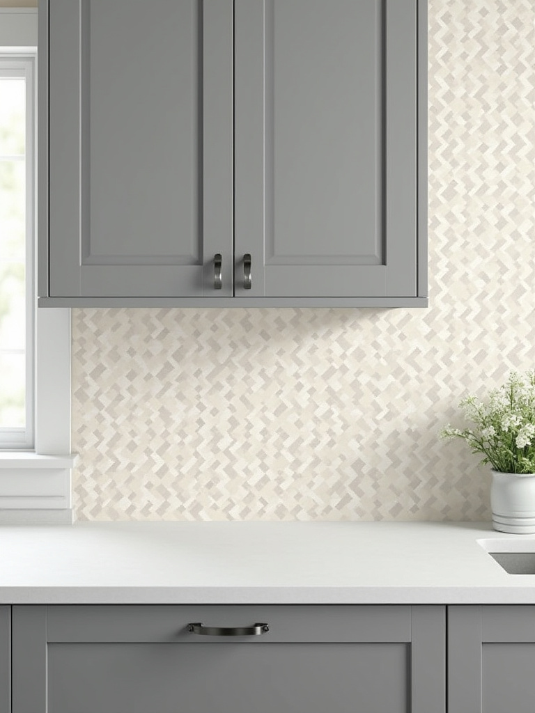 Modern kitchen with geometric pattern peel-and-stick tile backsplash, illustrating low-cost, high-impact design.