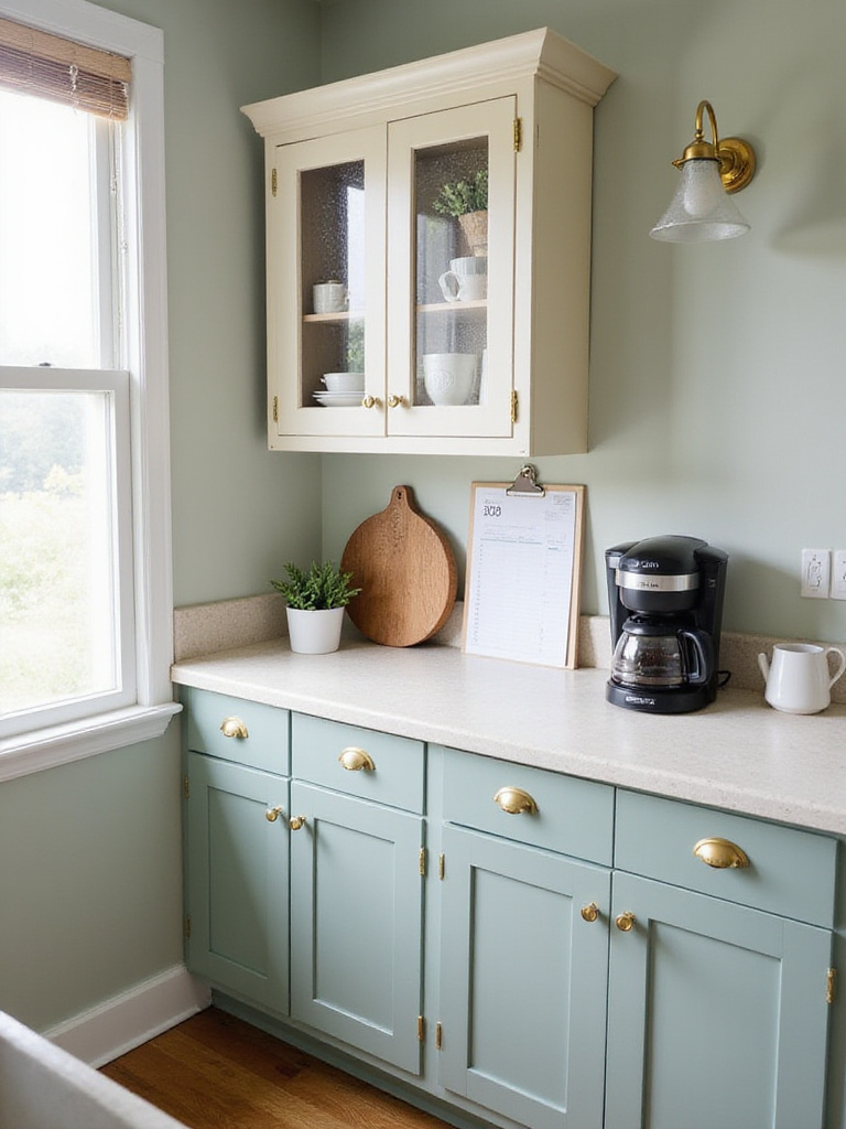 Upcycled kitchen with painted cabinets, new hardware, and a repurposed hutch as a coffee bar. Budget-friendly kitchen renovation.