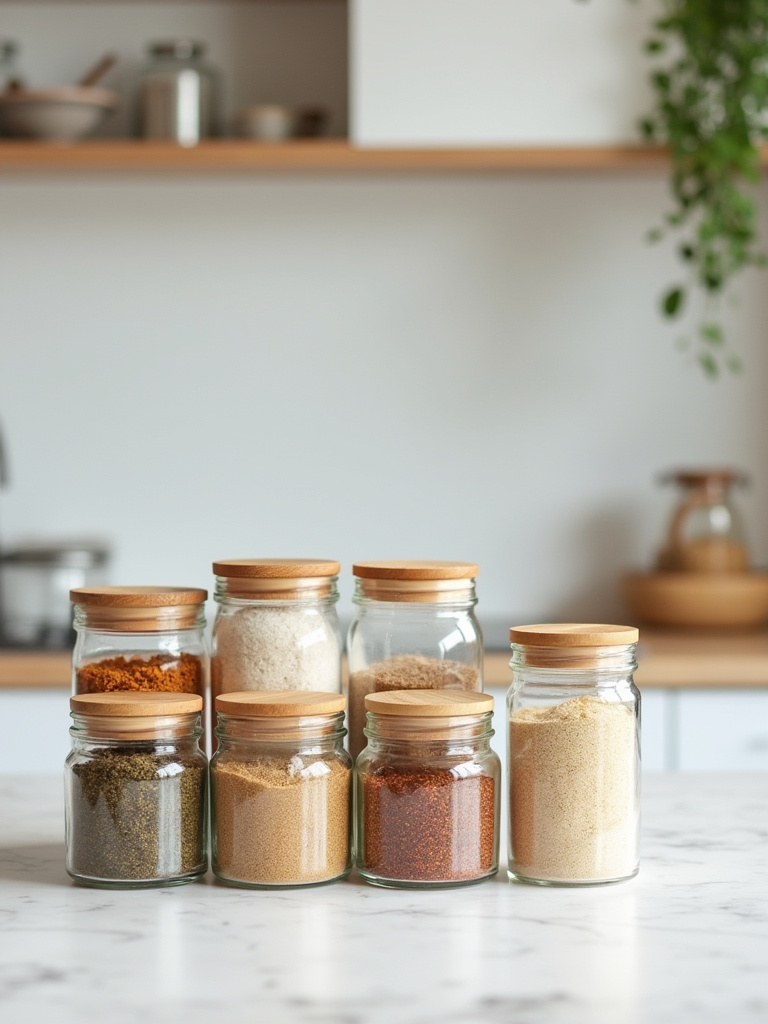 A neatly organized kitchen island with various kitchen items grouped by category, such as spices, baking ingredients, and food containers, ready for assessing storage needs.
