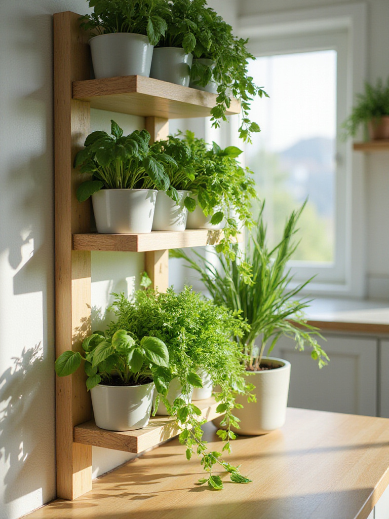 Vertical kitchen garden in a sunny kitchen with fresh herbs like basil and mint, showing green plants in small pots on wooden shelves against a light wall.