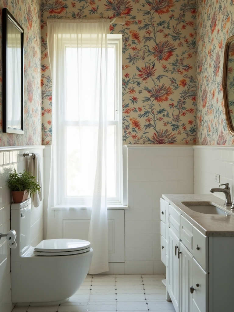 A sparkling clean bohemian bathroom with intricate wallpaper, illustrating effective mildew prevention in a humid environment.