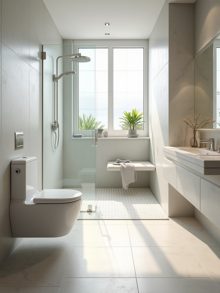 A stylish modern bathroom featuring universal design elements, including a zero-entry curbless shower, wall-mounted toilet, and a floating vanity, emphasizing clear floor space and accessibility.