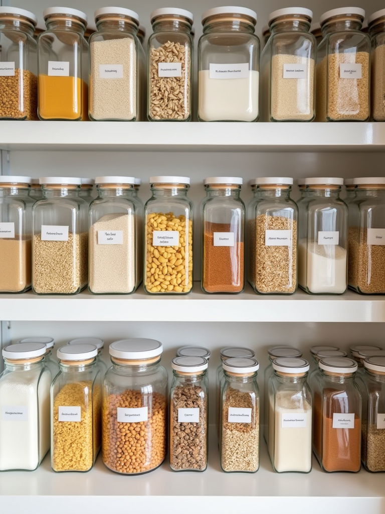 Closet pantry interior with shelves full of organized clear containers for dry goods, cereals, and spices. Streamlined and functional.