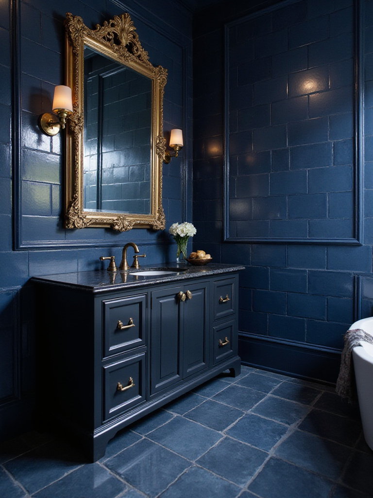 Luxurious bathroom with deep indigo blue wall tiles and brushed brass fixtures, including a faucet, cabinet pulls, and mirror frame, showcasing elegant metallic finishes harmonizing with blue tones.