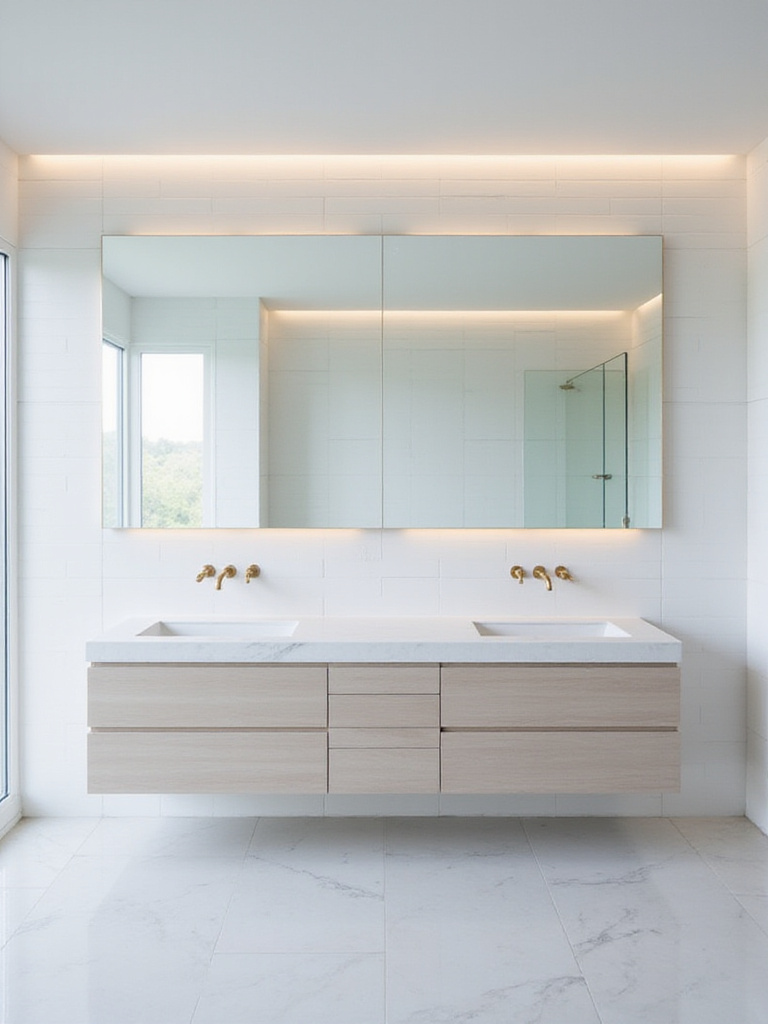 Modern bathroom with a large frameless mirror above a double vanity, strategically placed to reflect light and expand perceived space.