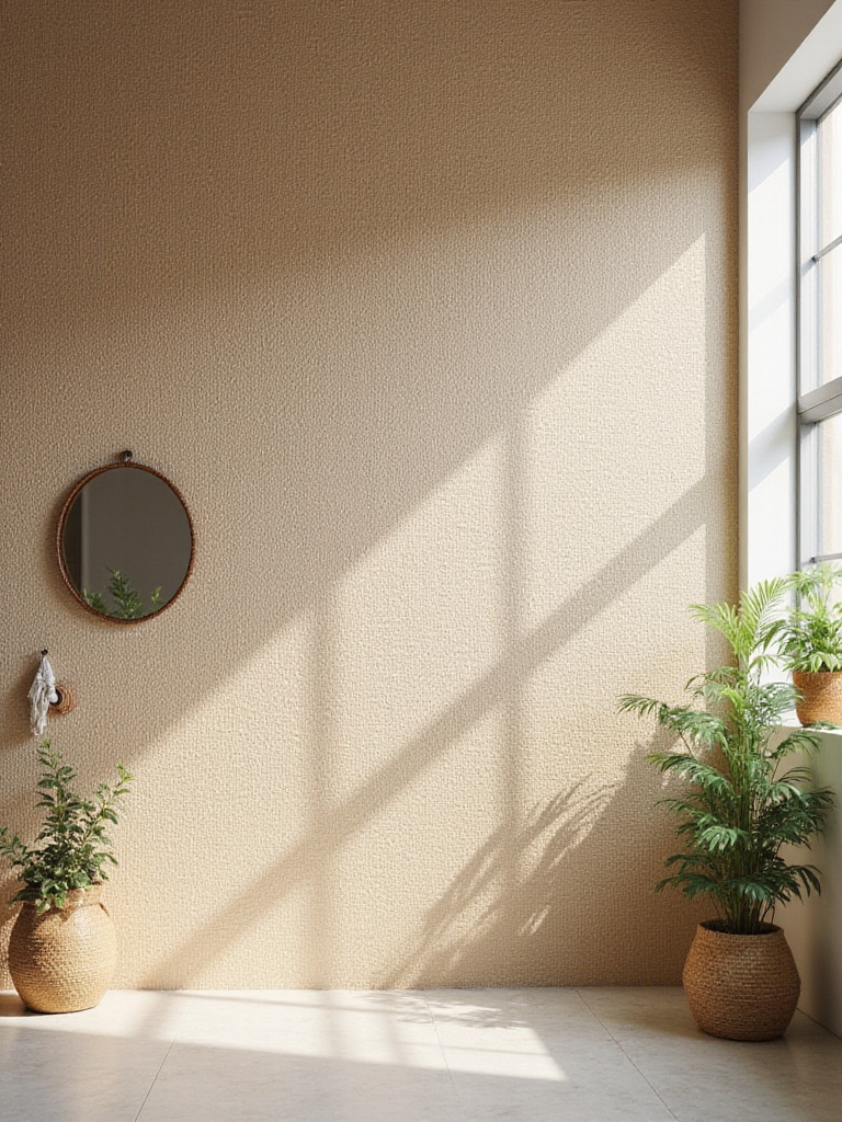 Close-up of natural grasscloth wallpaper on a bathroom wall, with subtle bohemian decor, highlighting its woven texture and warmth.