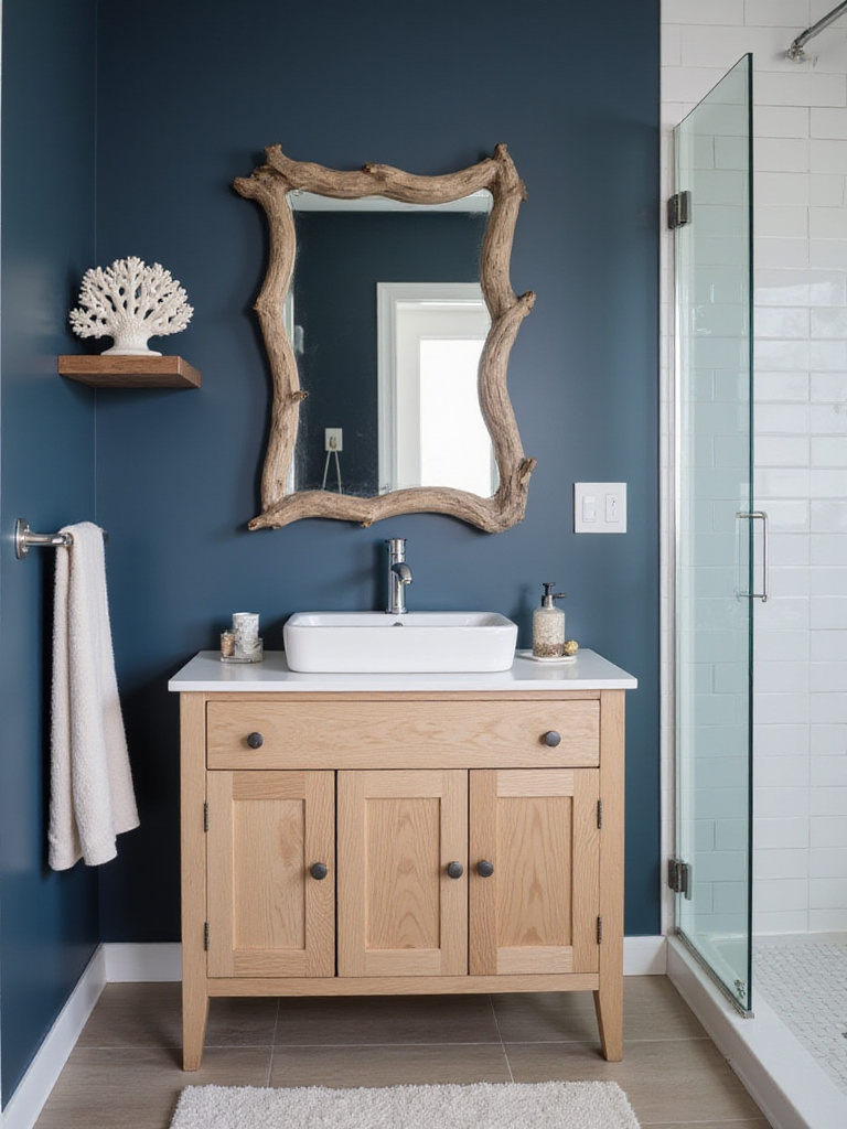 Serene blue bathroom with deep navy walls, white subway tile shower, light oak vanity, driftwood mirror, and subtle coral sculpture, embodying sophisticated coastal decor.