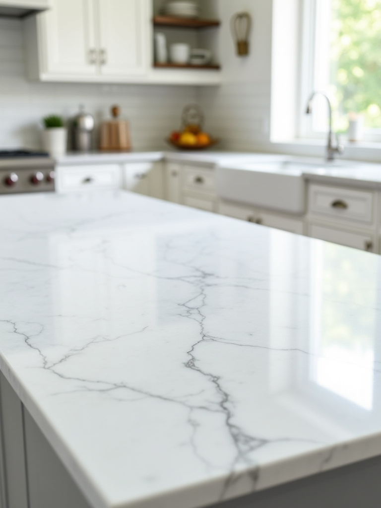 Detailed view of a kitchen countertop with a stunning faux carrara marble finish, showing realistic veining and a smooth, luxurious surface.