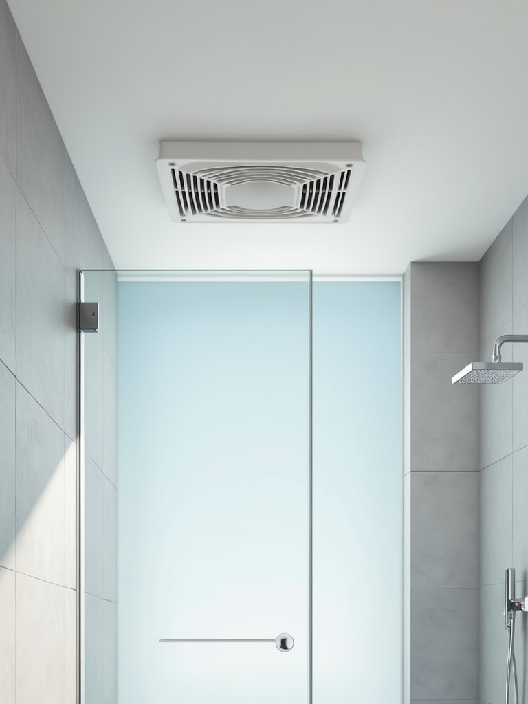 Modern bathroom with sleek, high-performance exhaust fan integrated into a clean white ceiling above a glass shower.