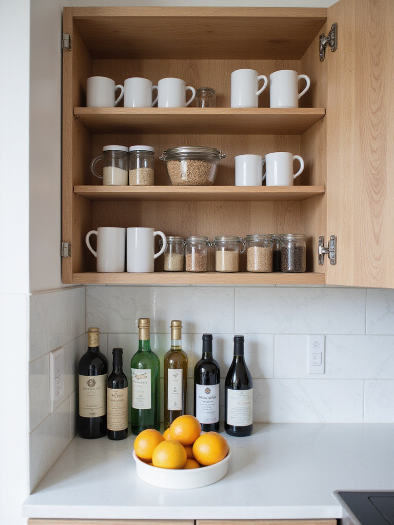 A deep kitchen cabinet with pull-out wireframe shelves fully extended, revealing organized dinnerware.