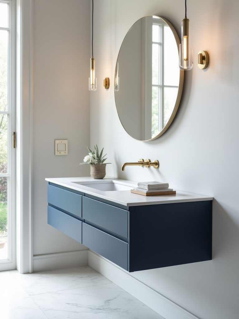A modern bathroom featuring a deep navy blue floating vanity with white quartz countertop and brass fixtures, serving as a sophisticated focal point for elegant blue bathroom decor.