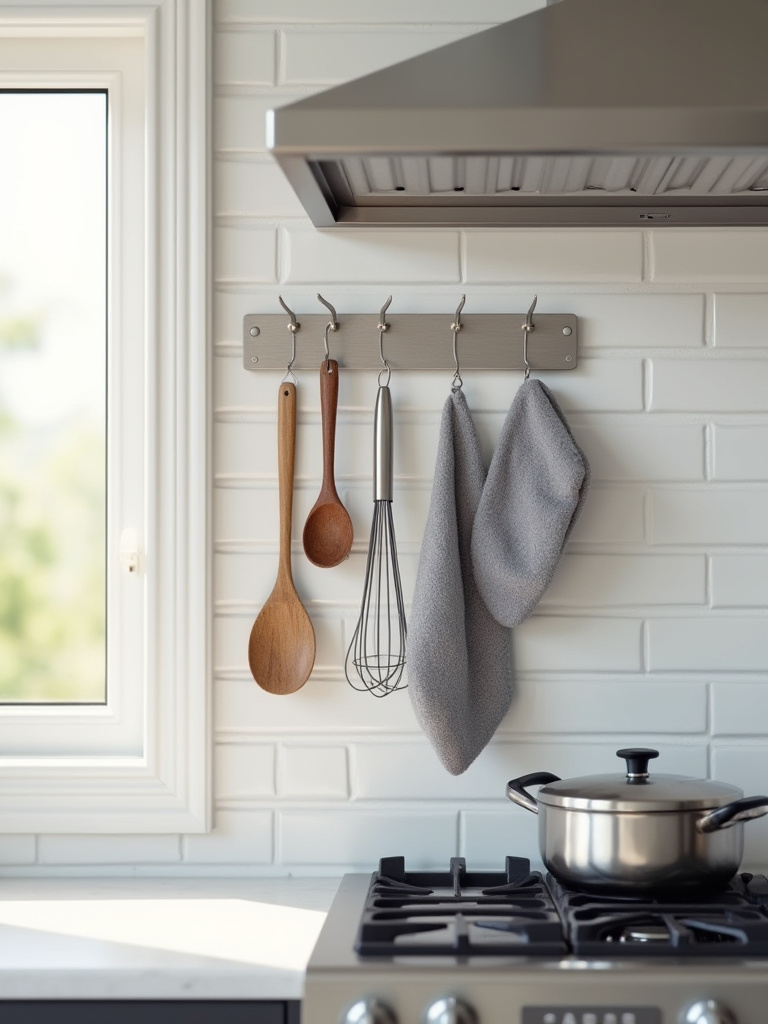 A neatly organized kitchen showing a rail system with hooks, holding various frequently used cooking tools like spatulas and a whisk, along with oven mitts and potholders, against a clean tiled backsplash, bathed in natural light.