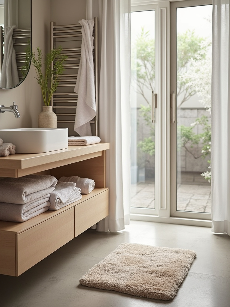 Close-up of a modern bathroom featuring luxurious folded and rolled bath towels, a thick bath mat, and an elegant shower curtain, showcasing high-quality textiles for a spa-like feel.