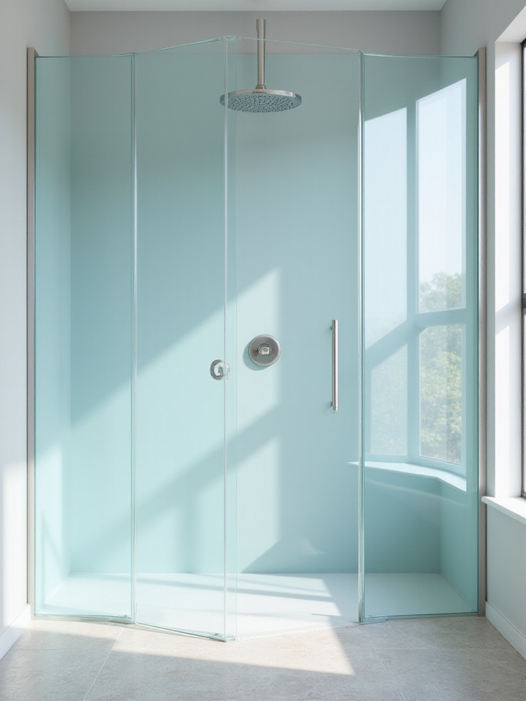Modern bathroom with a frameless shower enclosure featuring subtle light blue tinted glass walls, natural stone tiles, and a brushed nickel showerhead, illuminated by natural light.
