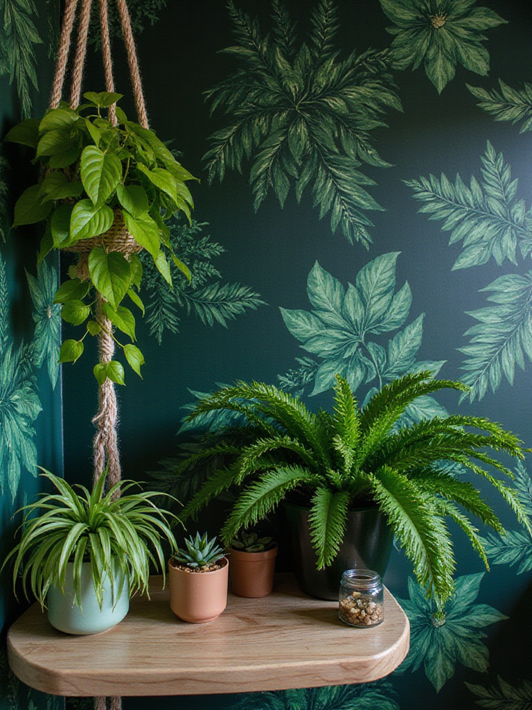 Bohemian bathroom with deep emerald floral wallpaper, macrame hanging Golden Pothos, Boston fern, succulents, and a terrarium on a teak shelf, filled with natural light.