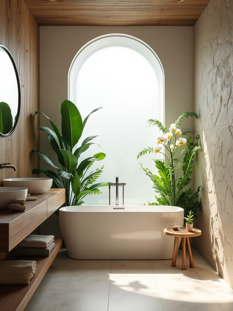 Luxurious spa-like bathroom with reclaimed wood vanity, natural stone tiles, lush green plants, and a small water feature under soft natural light, embodying natural elements design.