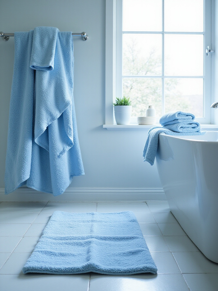 Soft blue Egyptian cotton towels in varying sizes, neatly folded and hung, with a plush blue bathmat on a serene bathroom floor, showcasing layered comfort in blue bathroom decor.